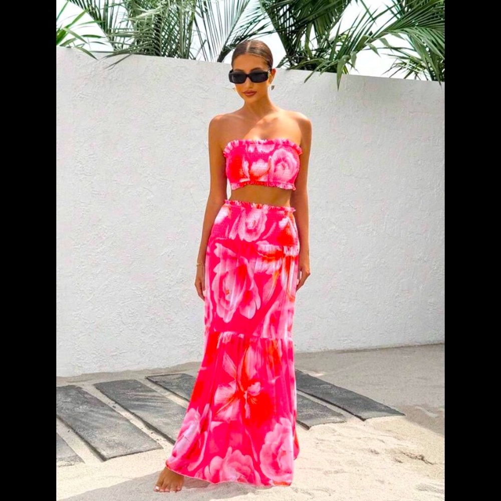New Pink Smocked Crop Top & Maxi Skirt Set Small